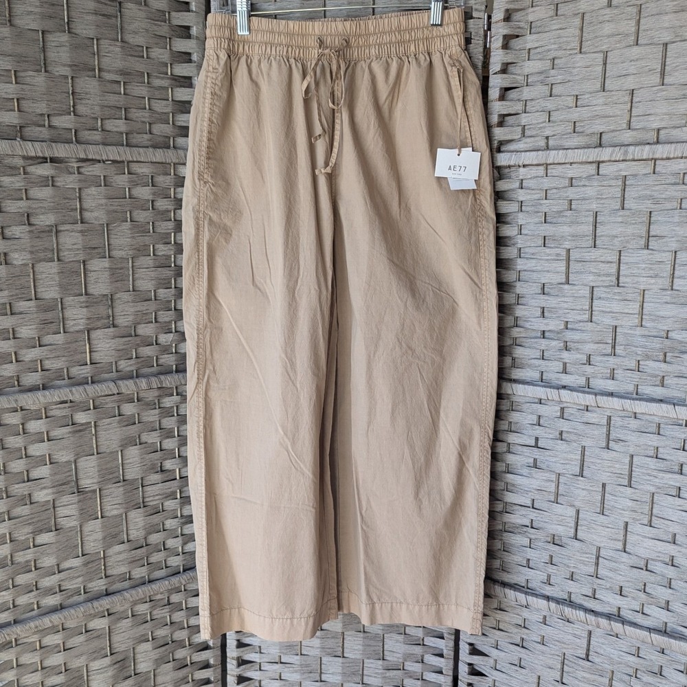 American Eagle AE77 Wide Leg Pants Tan Drawstring Elastic Waist Womens S Cotton